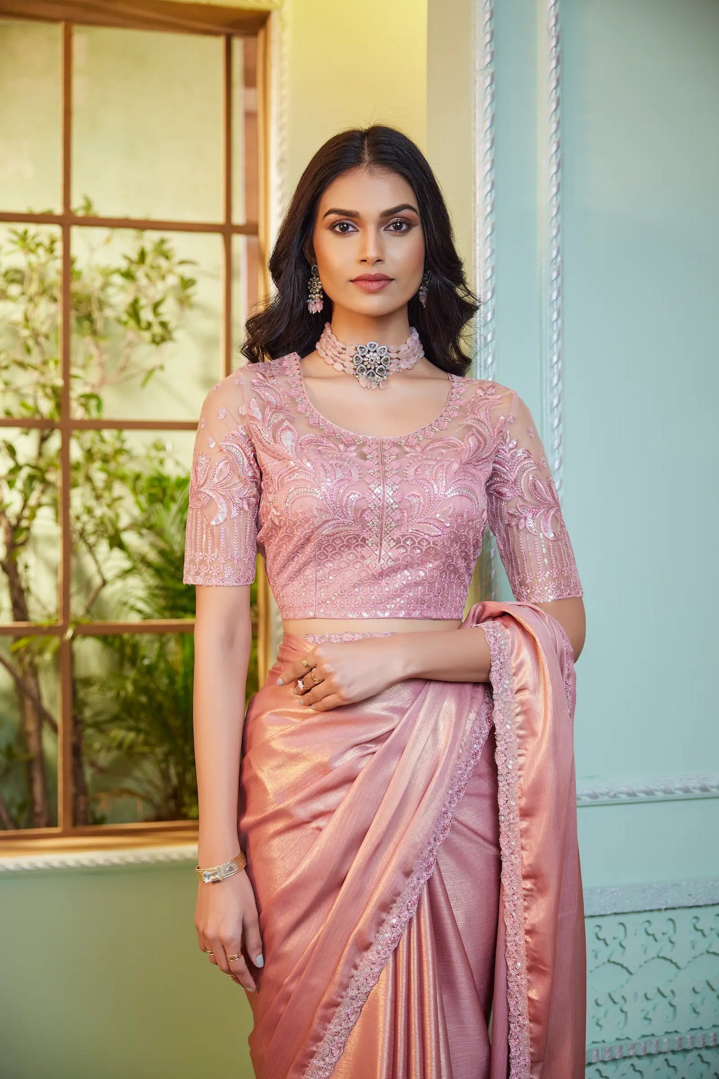 Light Pink Shimmer Georgette Party Wear Saree With Sequence & Thread Embroidery Work