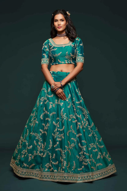 Dark Aqua Green Silk Lehenga Choli With Thread Zari Dori And Sequins Embroidery Work