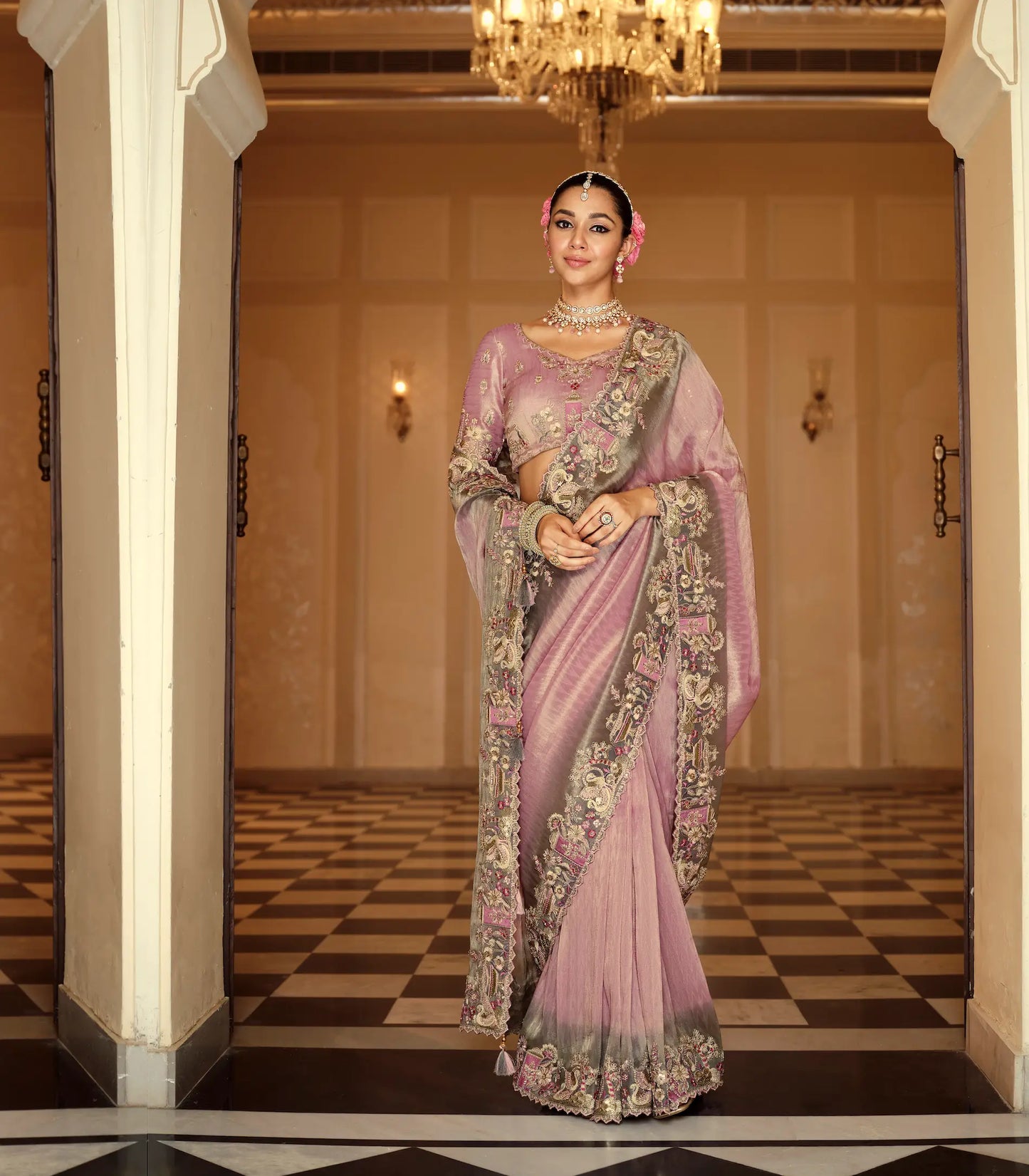 Old Pink Jacquard Silk Embroidery & Hand Work Saree