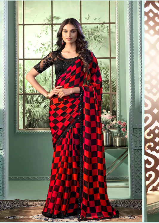 Red-Black Chiffon Party Wear Saree With Sequence & Thread Embroidery Work
