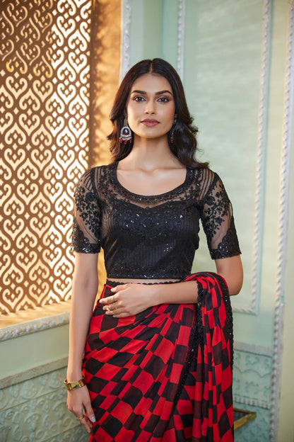 Red-Black Chiffon Party Wear Saree With Sequence & Thread Embroidery Work