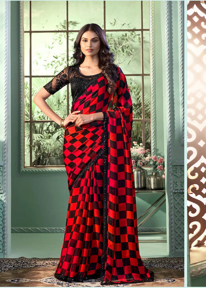 Red-Black Chiffon Party Wear Saree With Sequence & Thread Embroidery Work