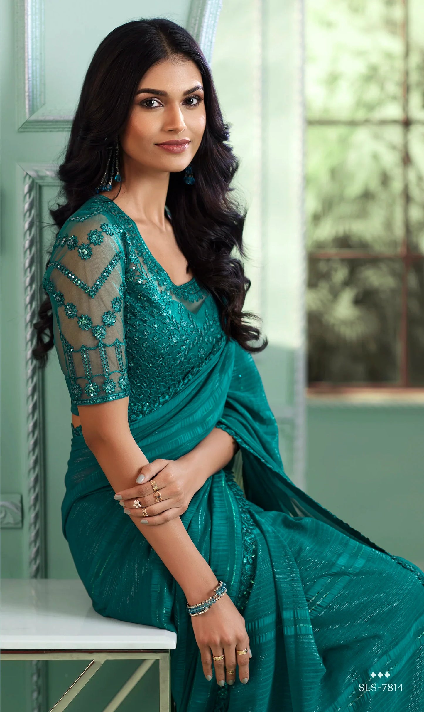 Teal Green Rainbow Chiffon Party Wear Saree With Sequence & Thread Embroidery Work