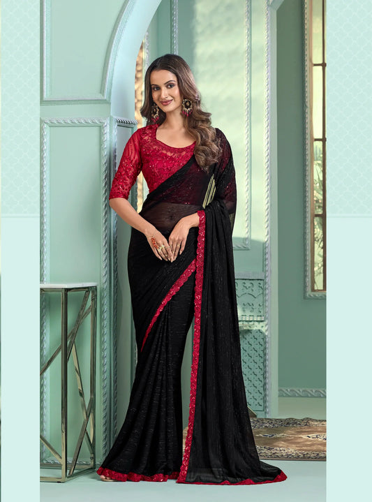 Black Chiffon Party Wear Saree With Sequence & Thread Embroidery Work