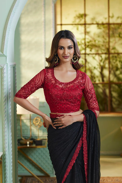 Black Chiffon Party Wear Saree With Sequence & Thread Embroidery Work