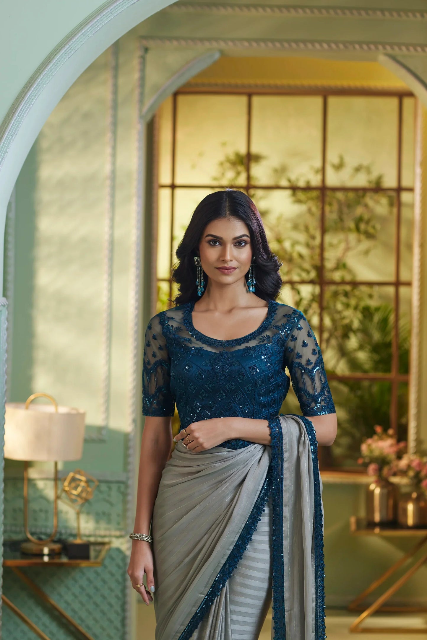 Grey Georgette Silk Party Wear Saree With Sequence & Thread Embroidery Work