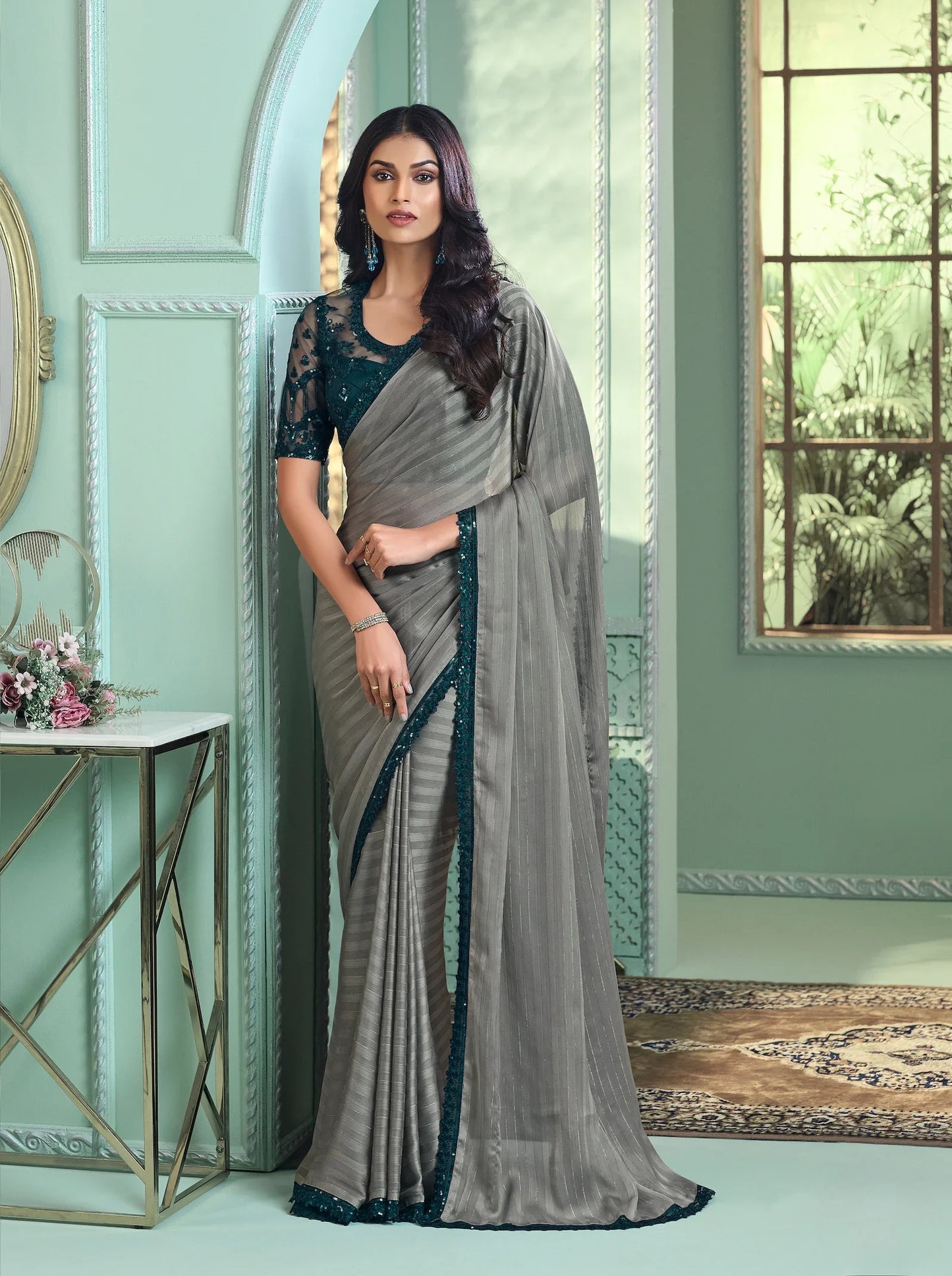 Grey Georgette Silk Party Wear Saree With Sequence & Thread Embroidery Work