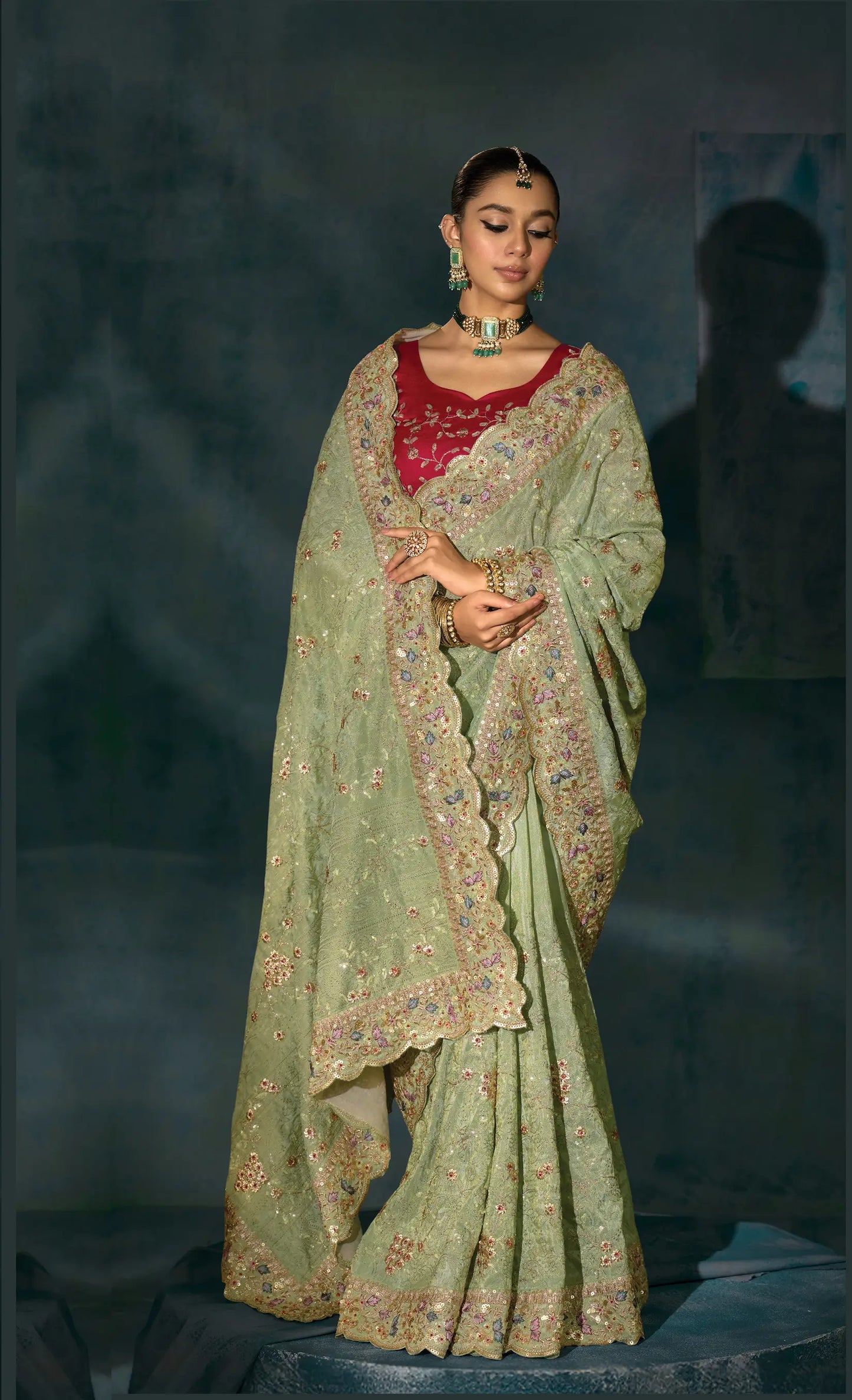 Pastel Green Heavy Embroidery & Hand Work Silk Saree