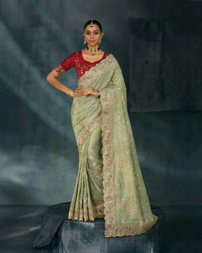 Pastel Green Heavy Embroidery & Hand Work Silk Saree