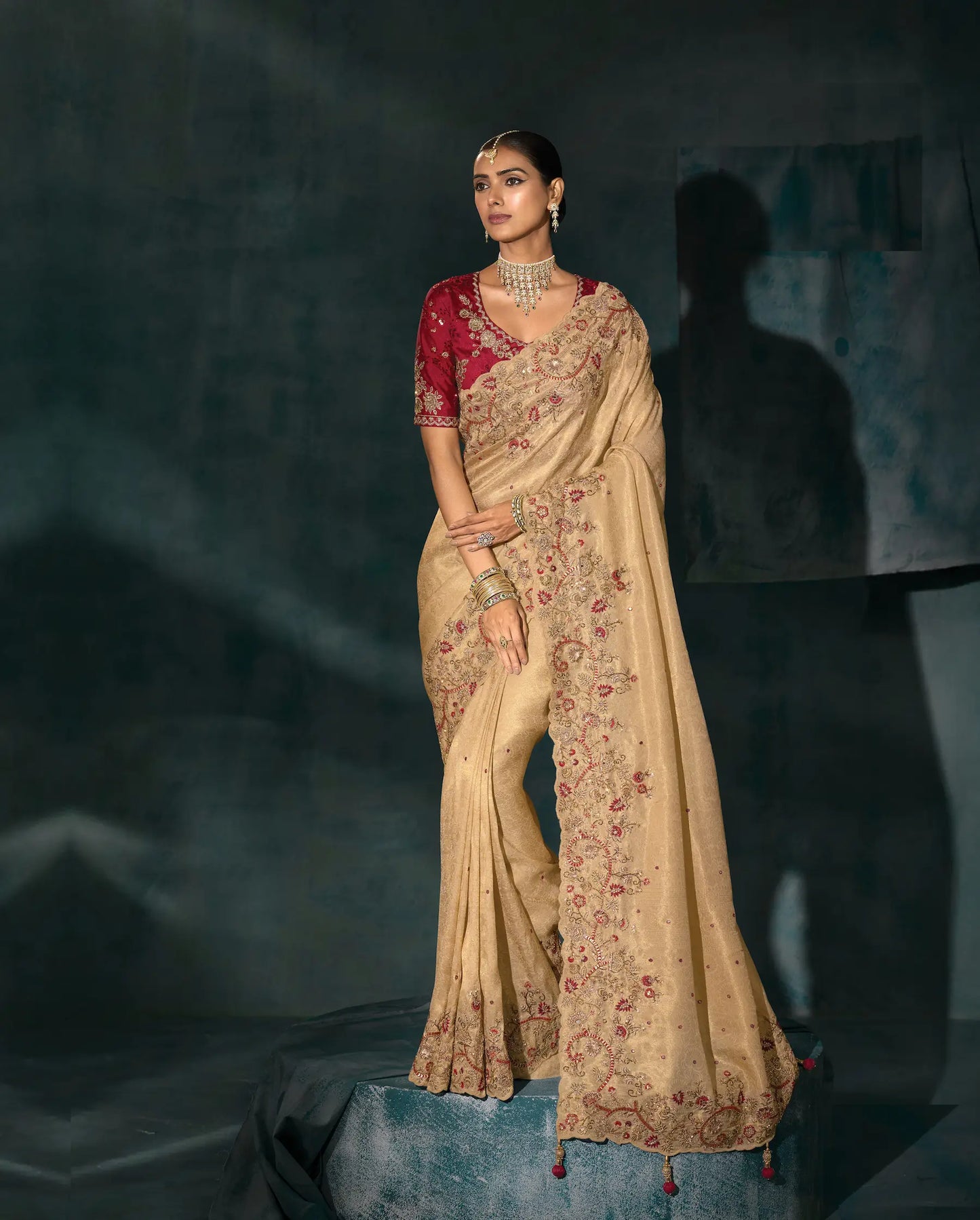 Dark Beige Heavy Embroidery & Hand Work Silk Saree