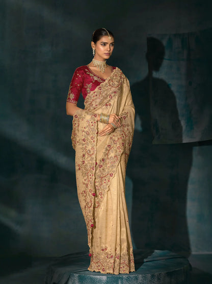 Dark Beige Heavy Embroidery & Hand Work Silk Saree