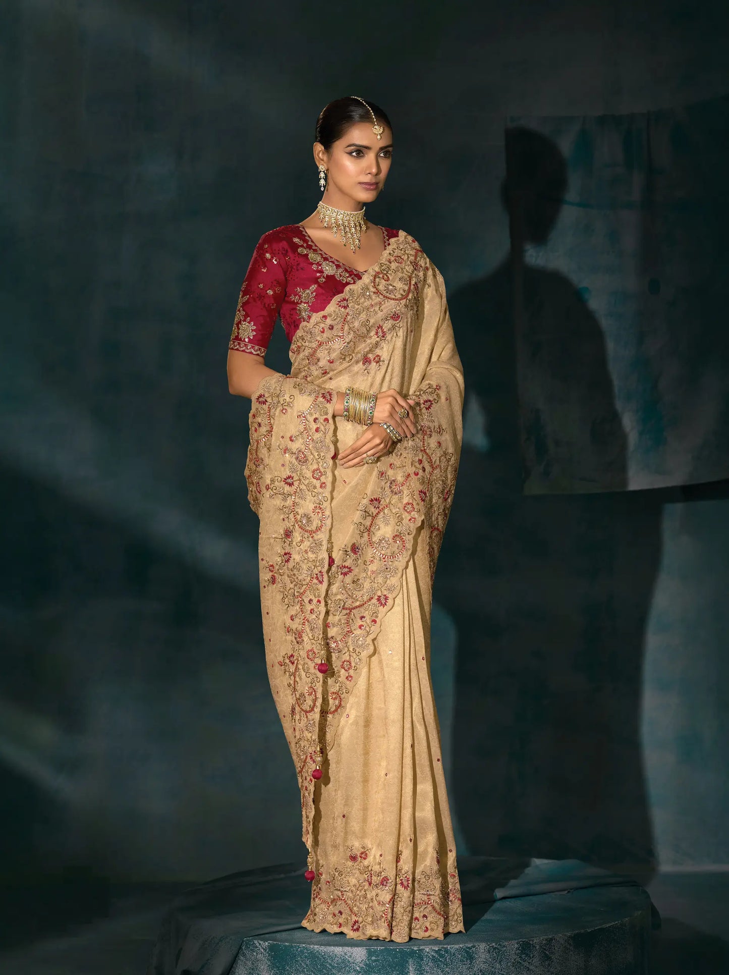 Dark Beige Heavy Embroidery & Hand Work Silk Saree