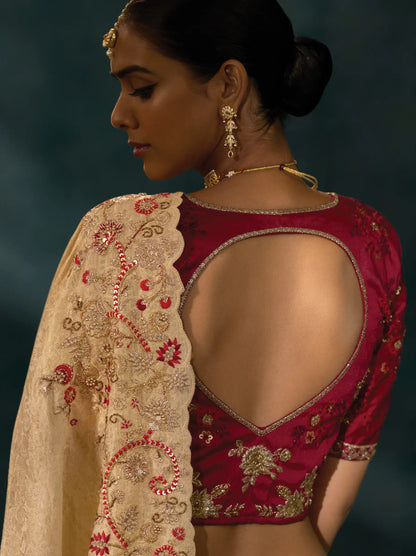 Dark Beige Heavy Embroidery & Hand Work Silk Saree