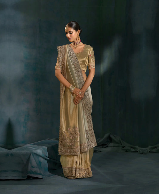 Shaded Olive Grey Heavy Embroidery & Hand Work Silk Saree