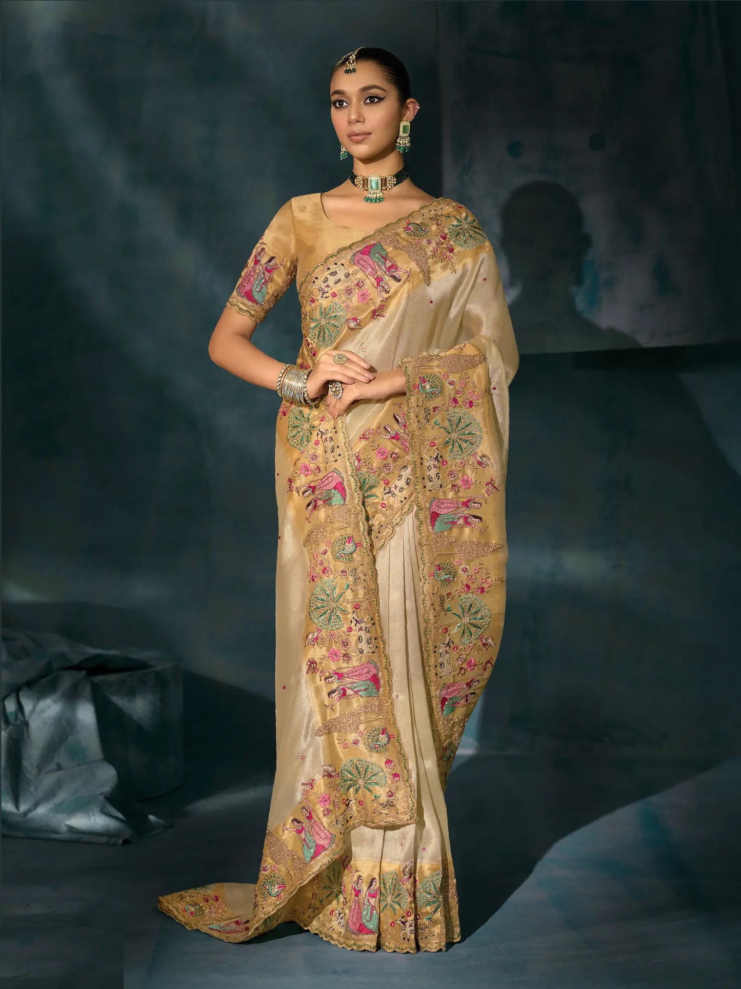 Shiney Beige Heavy Embroidery & Hand Work Silk Saree