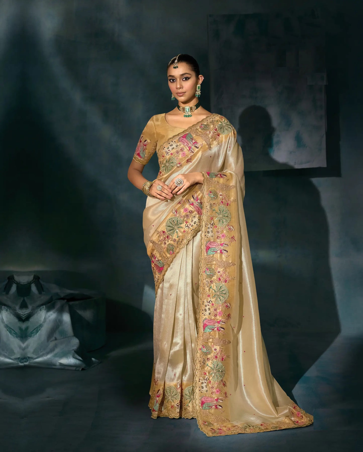 Shiney Beige Heavy Embroidery & Hand Work Silk Saree