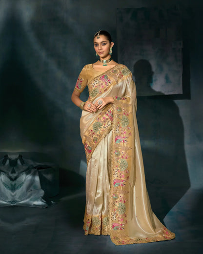 Shiney Beige Heavy Embroidery & Hand Work Silk Saree