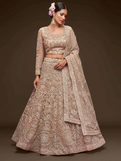 Royal Beige Soft Net Lehenga With Thread Zari Badla And Glitter Dori Embroidery Work