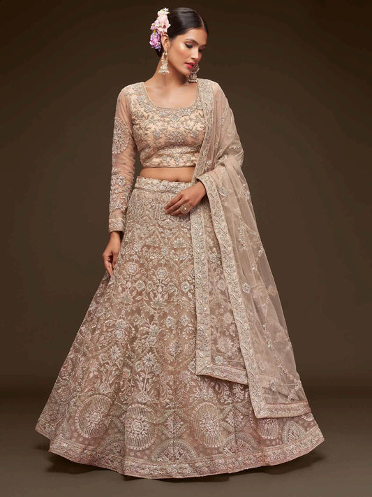 Royal Beige Soft Net Lehenga With Thread Zari Badla And Glitter Dori Embroidery Work