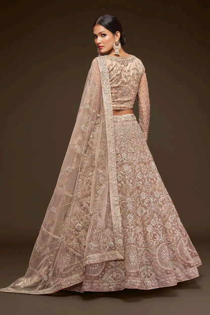 Royal Beige Soft Net Lehenga With Thread Zari Badla And Glitter Dori Embroidery Work