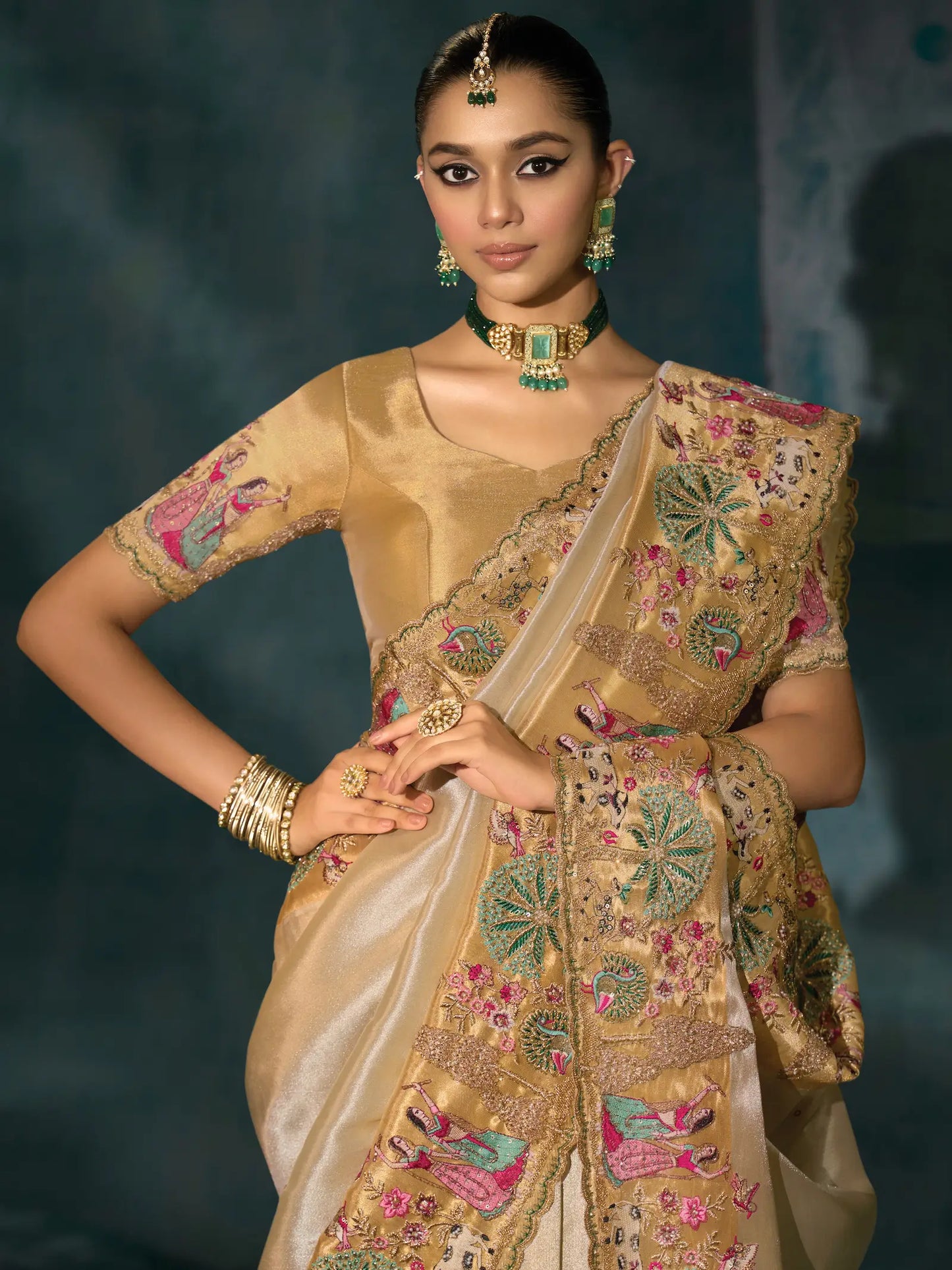 Shiney Beige Heavy Embroidery & Hand Work Silk Saree