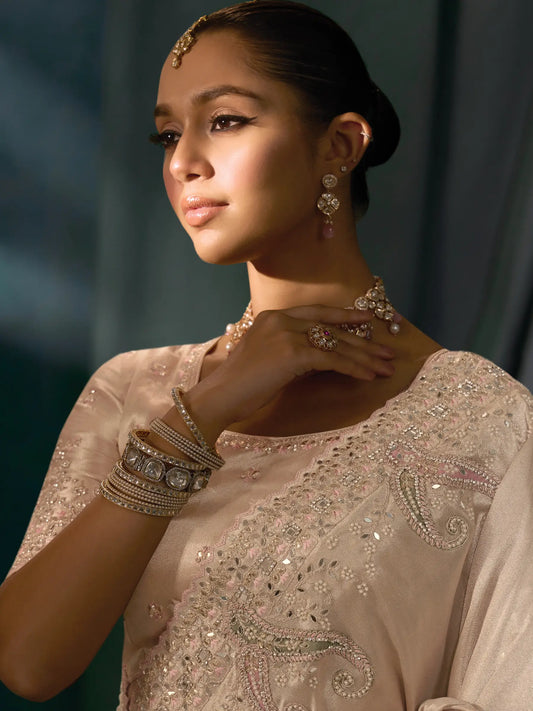 Powder Pink Heavy Embroidery & Hand Work Silk Saree