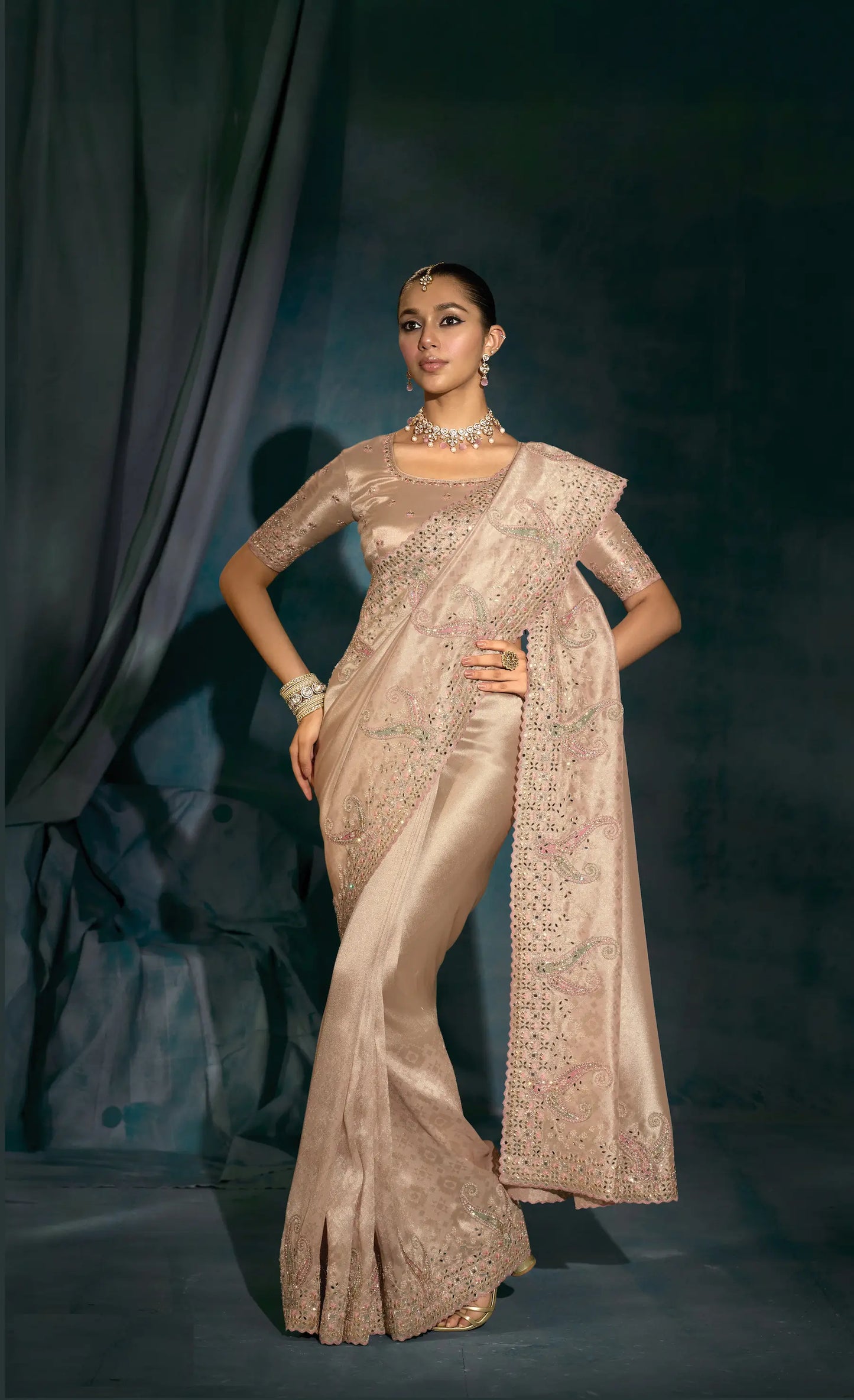 Powder Pink Heavy Embroidery & Hand Work Silk Saree