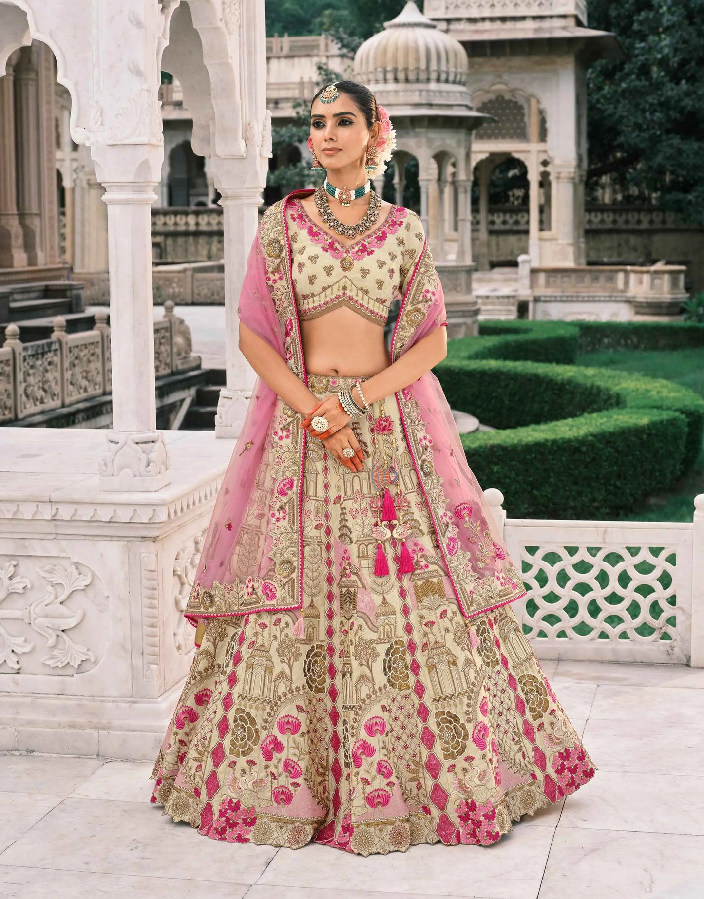 Designer Beige Bridal Lehenga With Stunning Embroidery