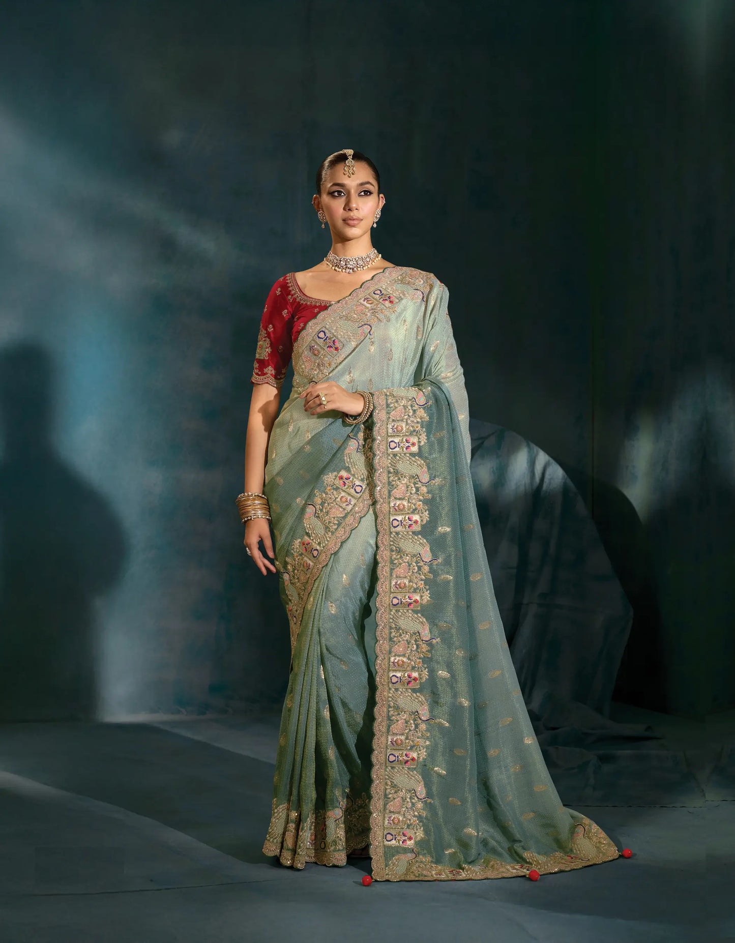 Shaded Grey Heavy Embroidery & Hand Work Silk Saree