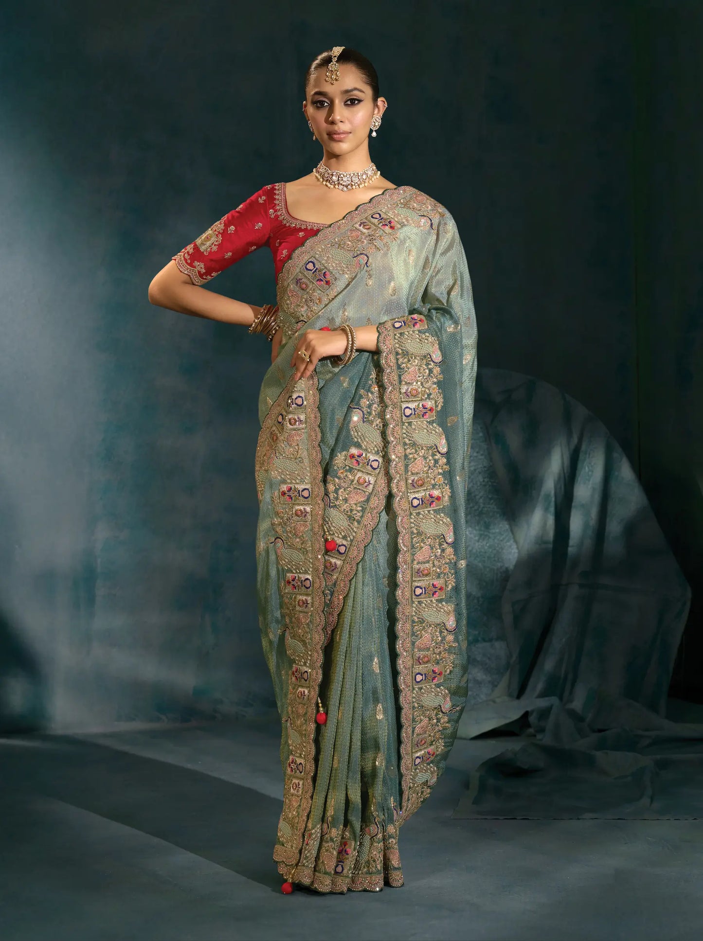 Shaded Grey Heavy Embroidery & Hand Work Silk Saree
