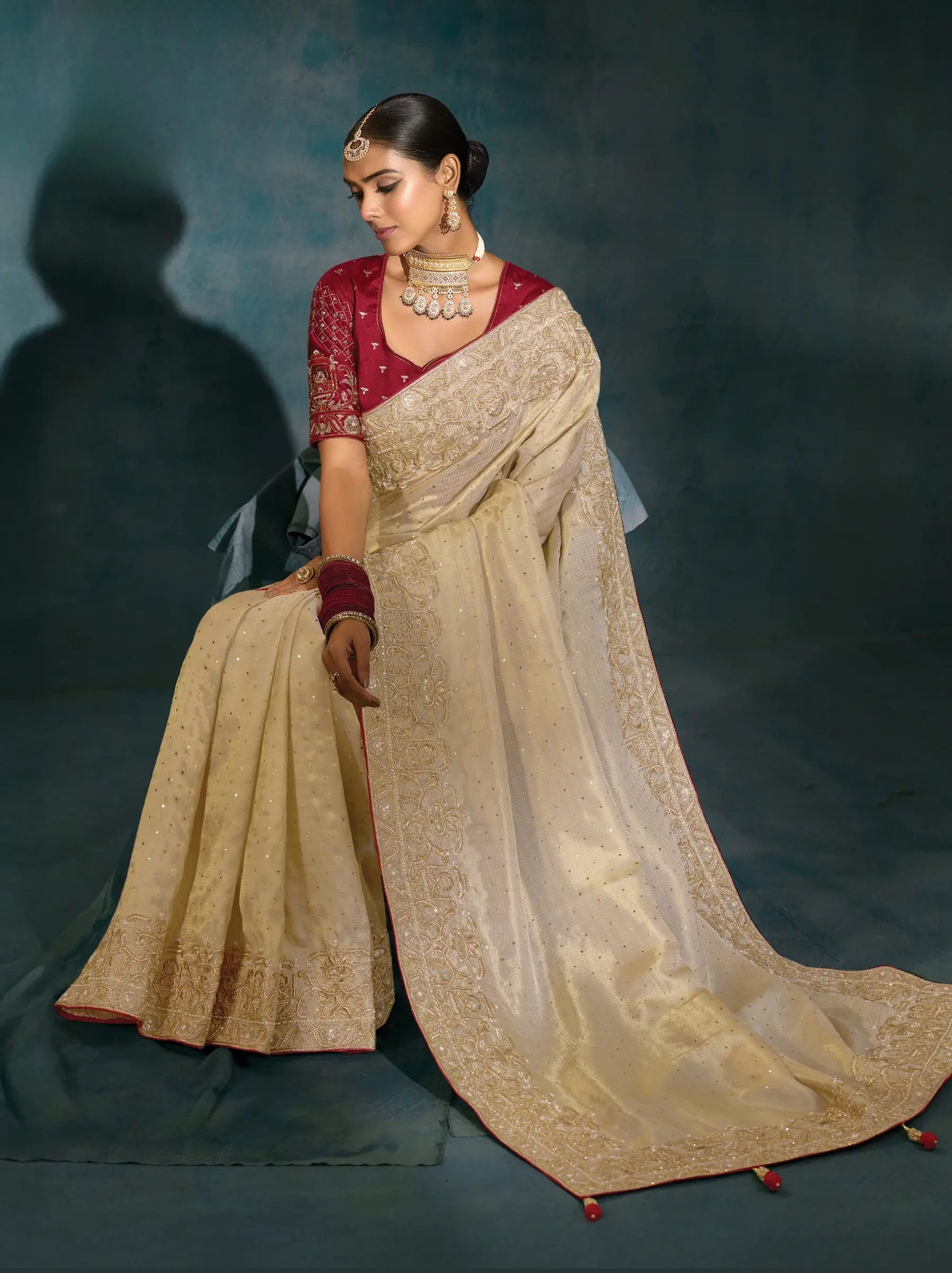 Beige Heavy Embroidery & Hand Work Silk Saree