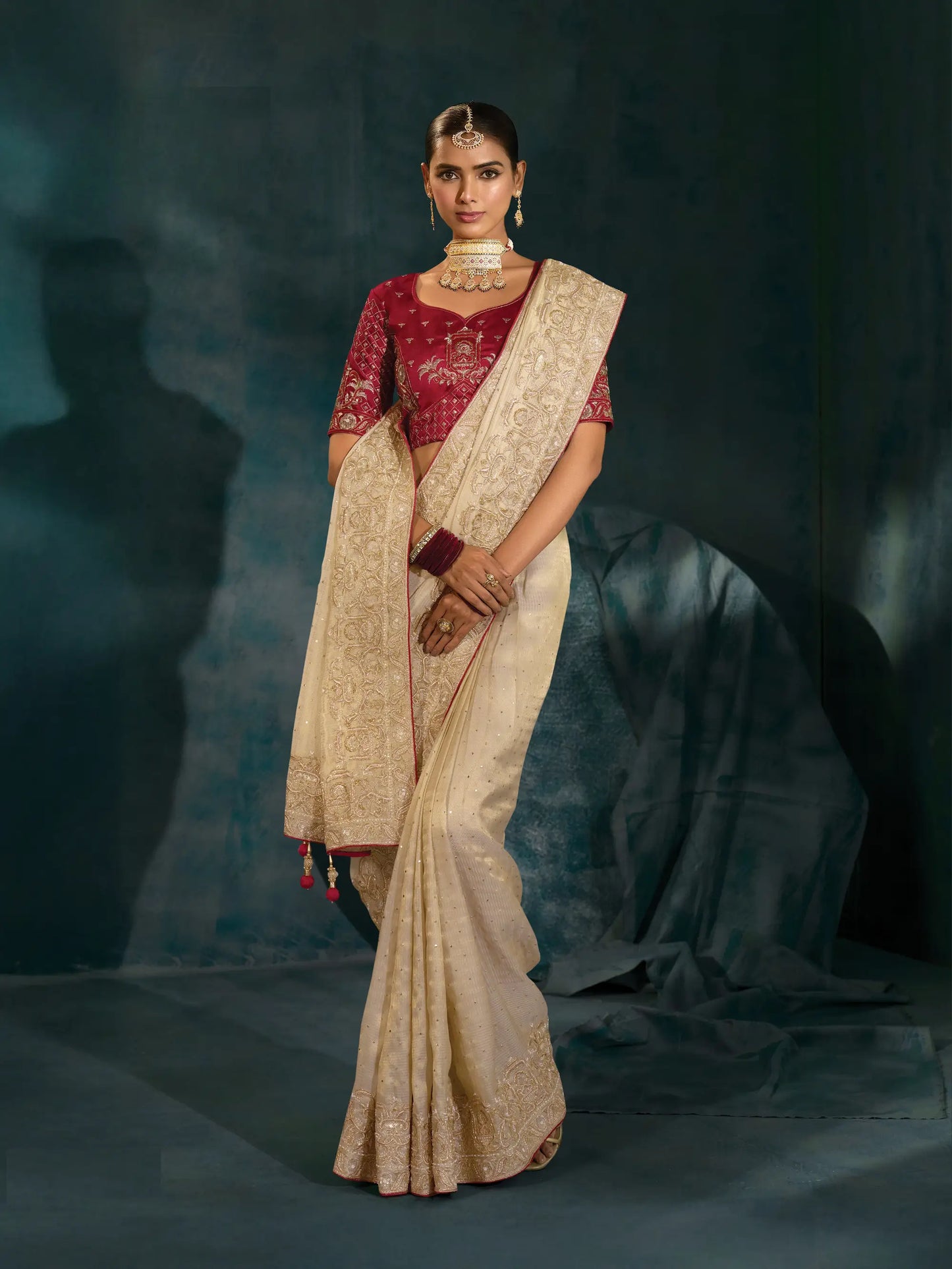 Beige Heavy Embroidery & Hand Work Silk Saree