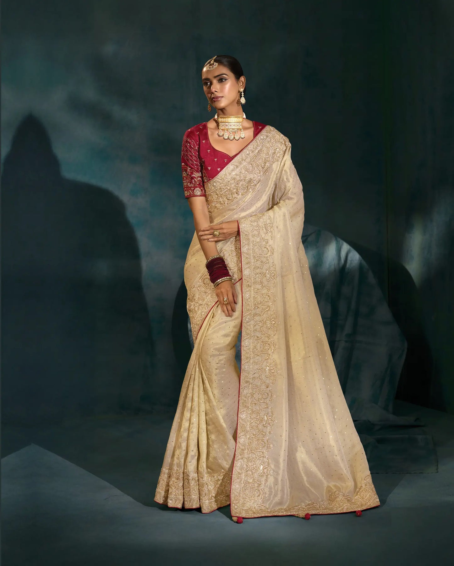 Beige Heavy Embroidery & Hand Work Silk Saree