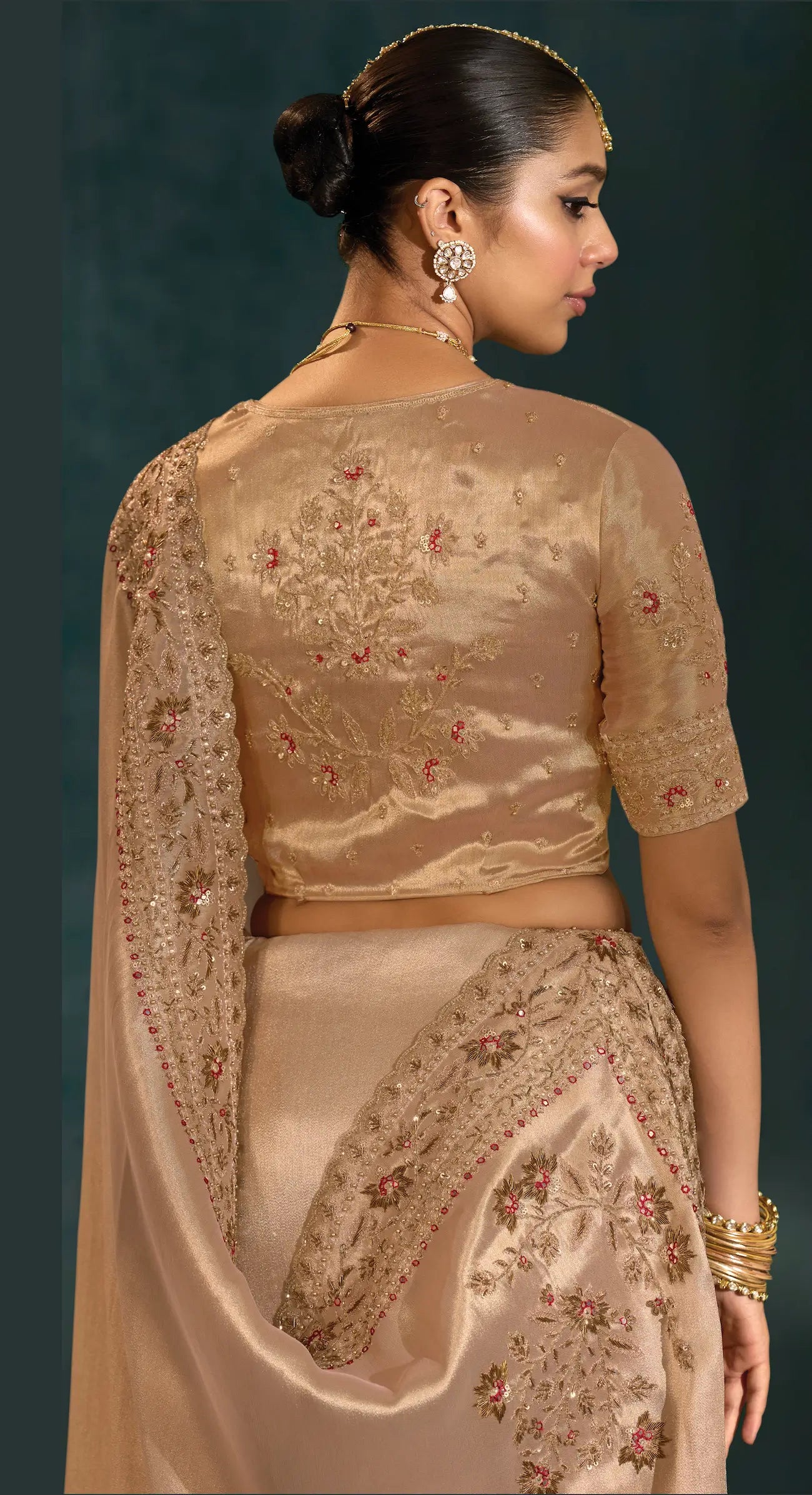 Golden Heavy Embroidery & Hand Work Silk Saree