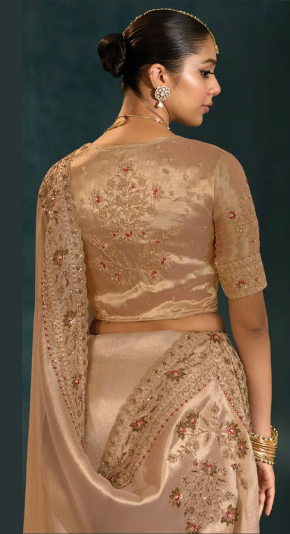 Golden Heavy Embroidery & Hand Work Silk Saree