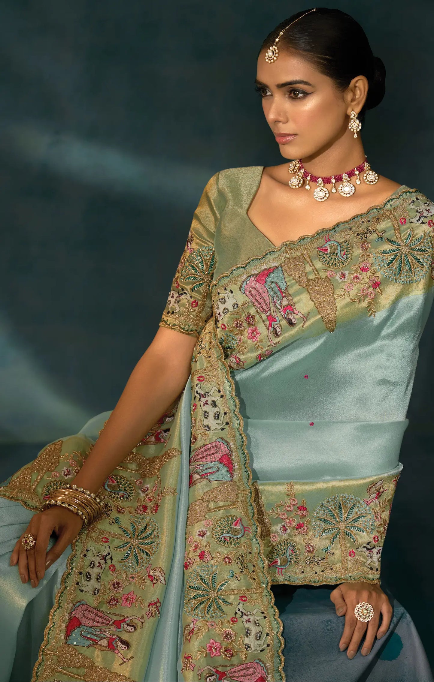 Sea Blue Heavy Embroidery & Hand Work Silk Saree