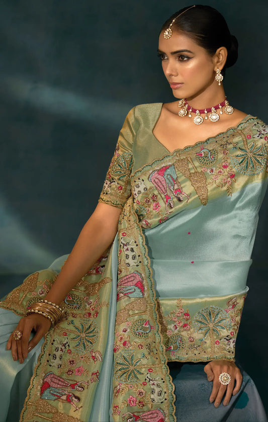 Sea Blue Heavy Embroidery & Hand Work Silk Saree