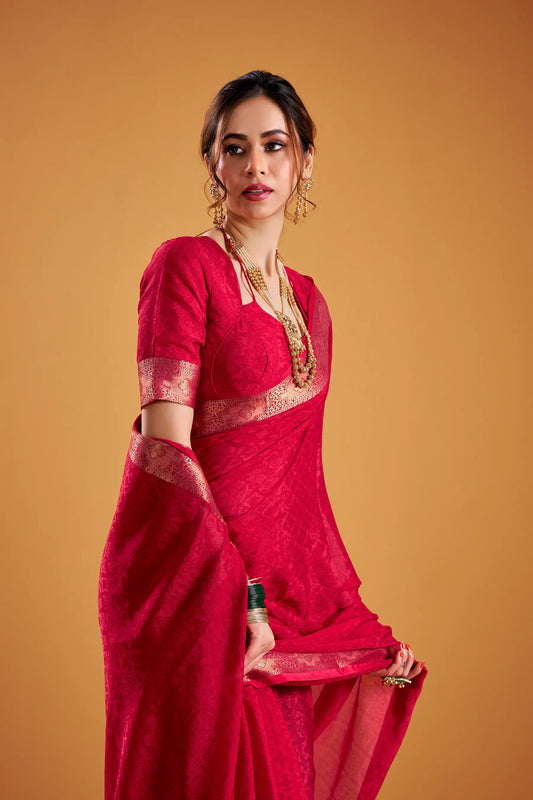 Rose Red Poly Shimmer Zari Weaving Saree