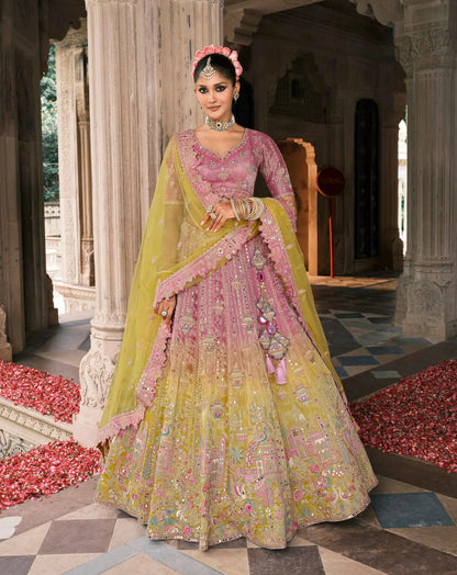 Pink Yellow Bridal Lehenga With Designer Embroidery