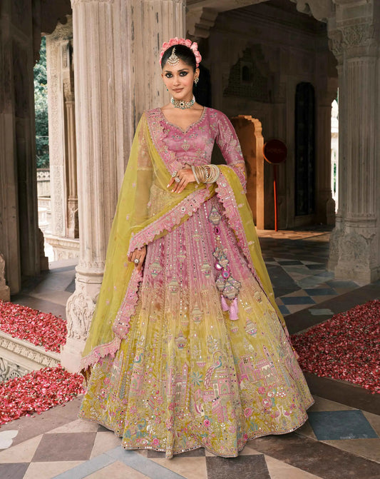 Pink Yellow Bridal Lehenga With Designer Embroidery