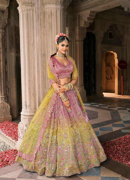 Pink Yellow Bridal Lehenga With Designer Embroidery