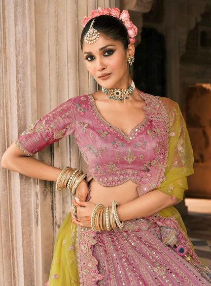Pink Yellow Bridal Lehenga With Designer Embroidery