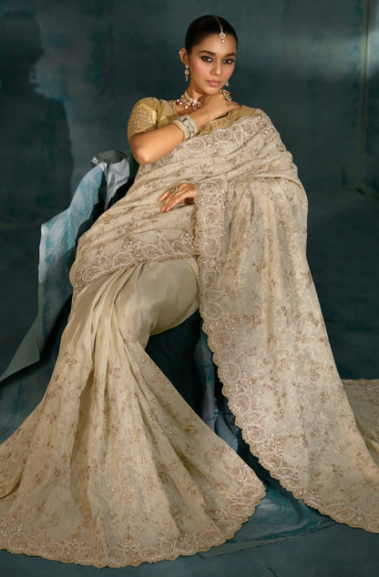 Almond Beige Heavy Embroidery & Hand Work Silk Saree