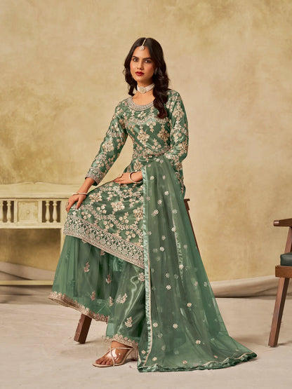 Hazel Green Net Palazzo Suit With Sequins Embroidery