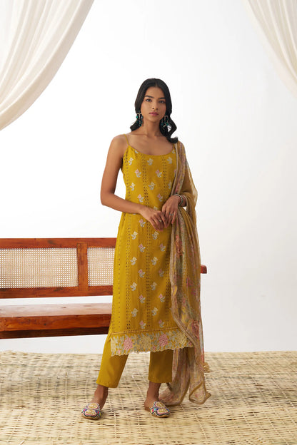 Mustard Yellow Fancy Embroidered Work Organza Salwar Suit With Dupatta