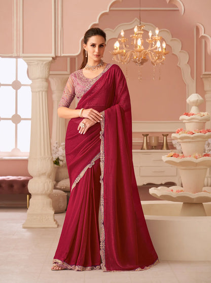 Cherry Red Rainbow Georgette Thread & Sequins Embroidery Work Saree