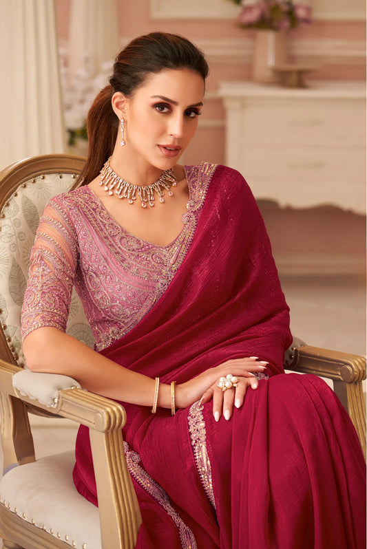 Cherry Red Rainbow Georgette Thread & Sequins Embroidery Work Saree