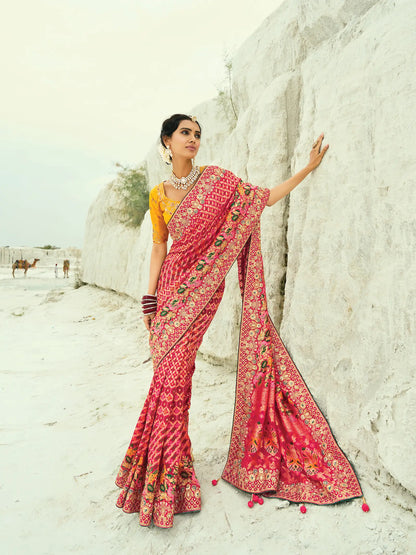 Red Georgette Heavy Embroidered Bandhej Saree