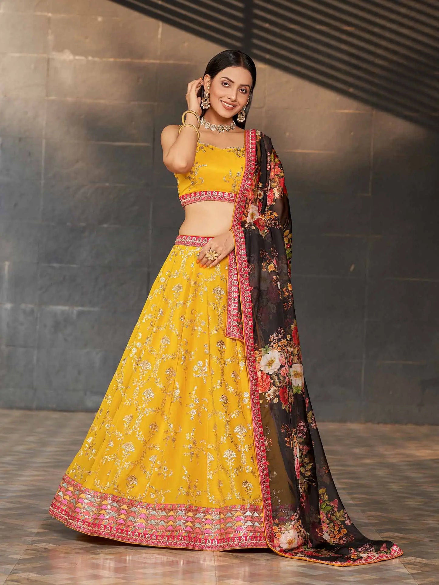 Yellow Black Georgette Lehenga With Thread Zari Sequins Embroidery Work With Digital print