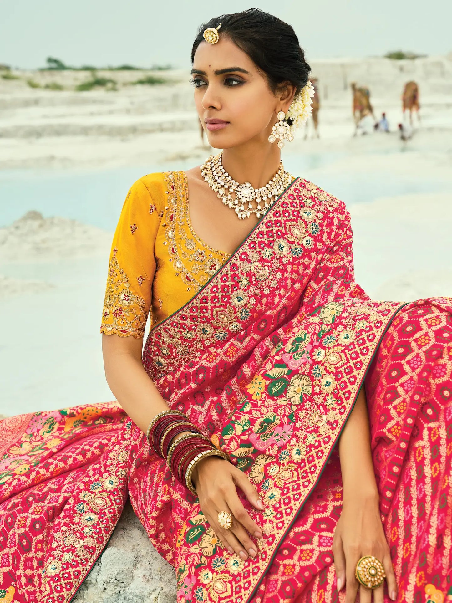 Red Georgette Heavy Embroidered Bandhej Saree